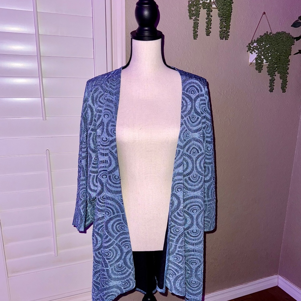 LuLaRoe Denim Blue Paisley Embroidered Kimono Cardigan - Women’s L, Playful Boho